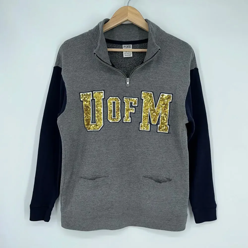 PINK University of Michigan Sweatshirt Half Zip Sequin Logo Pullover Sweatshirt